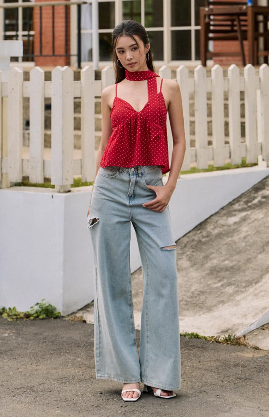 Polka Dot Chiffon Peplum Bra Top with Scarf<br/>美式雪紡點點細肩傘擺Bra Top(附領巾)