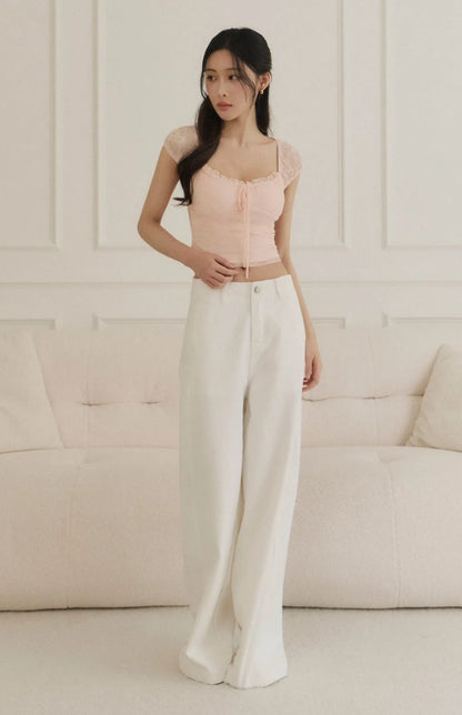 Sheer Lace Tie-Front Square-Neck Bra Top<br/>蕾絲抽繩方領透膚Bra Top