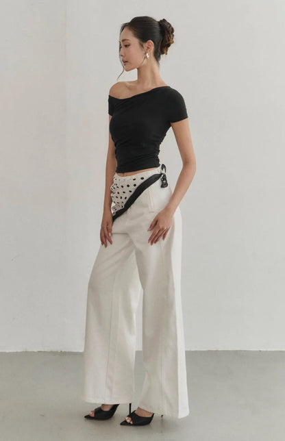Asymmetric Ruched Short-Sleeve Bra Top<br/>斜領不對稱抓皺短袖Bra Top