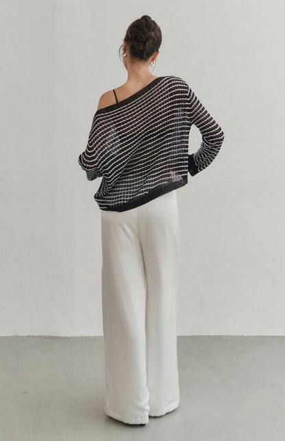 Sheer Striped Open-Knit Sweater<br/>透膚條紋鏤空罩衫