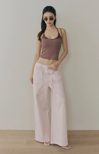 Striped Layered Halter Scoop Bra Top<br/>條紋假兩件U領綁帶Bra Top
