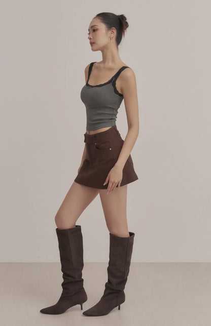 Contrast Lace Scoop-Neck Ribbed Bra Top<br/>羅紋撞色蕾絲U領Bra Top