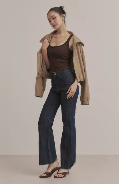 Contrast Lace Scoop-Neck Ribbed Bra Top<br/>羅紋撞色蕾絲U領Bra Top