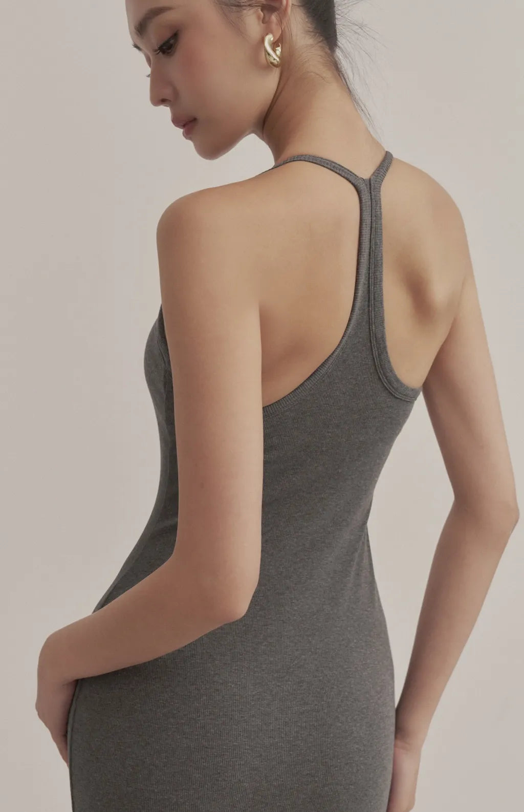 Ribbed V-Neck Racerback Bodycon Maxi Bra Dress<br/>羅紋V領挖背修身Bra Dress