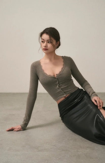 Lace Ribbed Button Bra Top<br/>蕾絲坑條排釦Bra Top