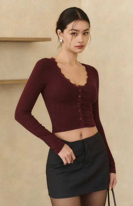 Lace Ribbed Button Bra Top<br/>蕾絲坑條排釦Bra Top