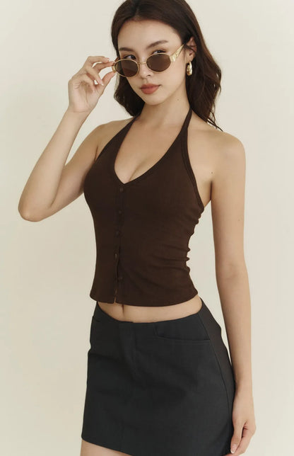 Front Button V-Neck Halter Bra Top<br/>繞脖V領排釦羅紋Bra Top By Beigy - Milu