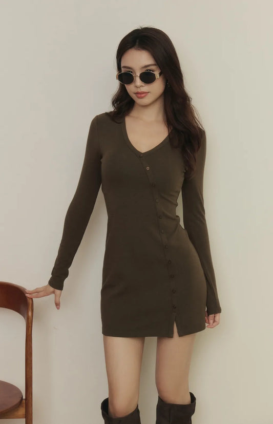 Tencel V-Neck Ribbed Mini Bra Dress<br/>天絲V領斜釦羅紋Bra Dress