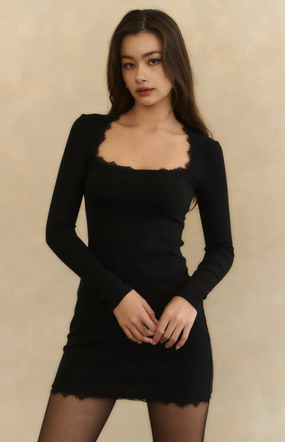 Lace Square Neck Modal Mini Bra Dress<br/>蕾絲方領莫代爾長袖Bra Dress