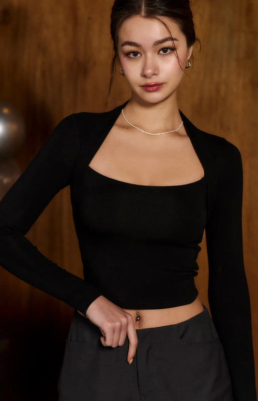 Square Neck Vest Layer Long Sleeve Bra Top<br/>方領坎肩造型長袖Bra Top