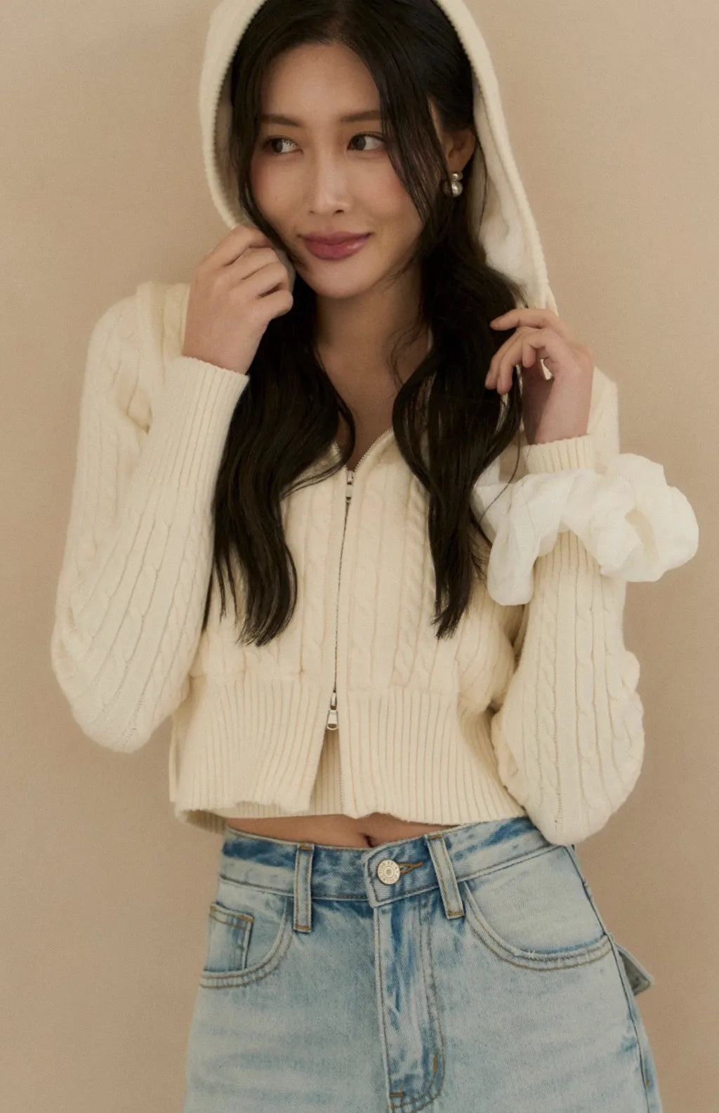 (最後現貨) Cable Knit Fleece Lined Hooded Cardigan<br/>麻花針織內刷毛連帽外套 -【S、M】