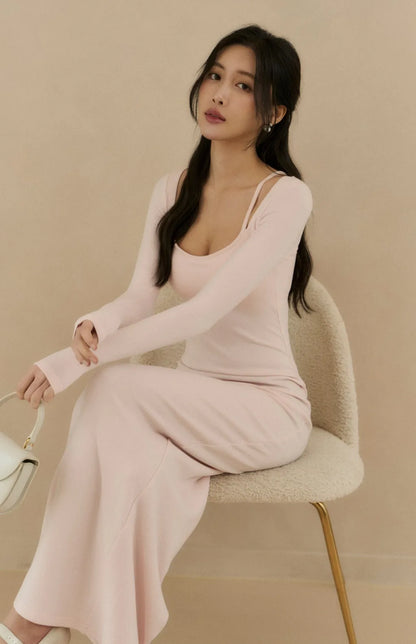 (最後現貨) Tencel Square Neck Layered Slimming Bra Dress<br/>天絲方領假兩件修身Bra Dress -【XS-M】