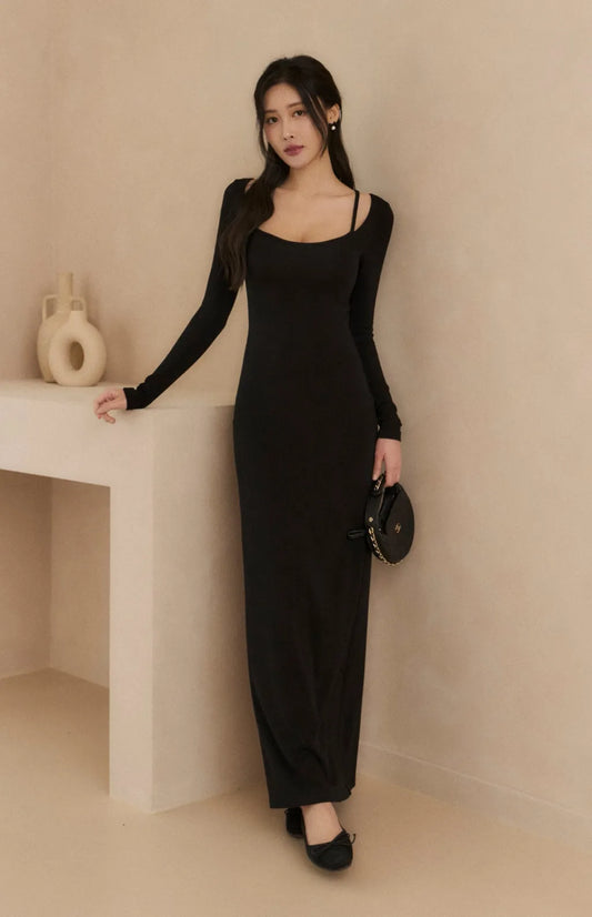 (最後現貨) Tencel Square Neck Layered Slimming Bra Dress<br/>天絲方領假兩件修身Bra Dress -【XS-M】