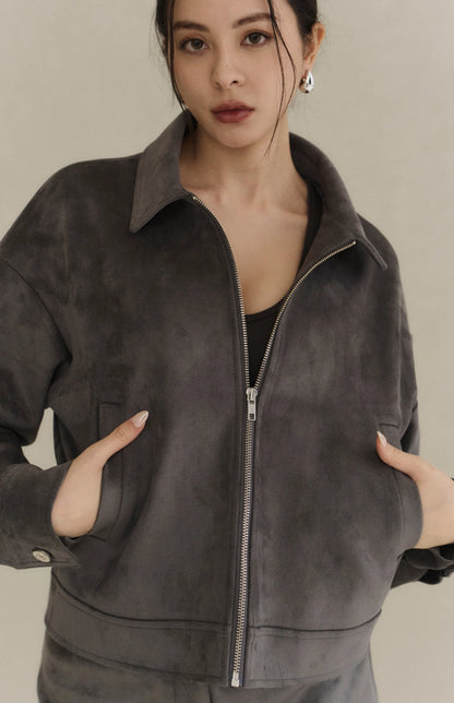 Minimal Suede Collared Zip Jacket<br/>極簡翻領麂皮外套