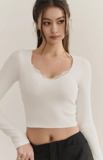 Lace Trim V-Neck Long Sleeve Bra Top<br/>美胸蕾絲V領長袖Bra Top