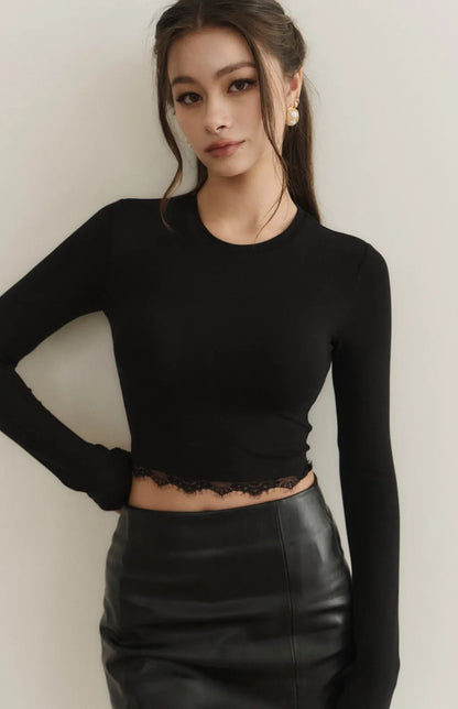 （最後現貨）Modal Lace-Panel Crew Neck Long Sleeve Bra Top<br/>莫代爾拼接蕾絲圓領長袖Bra Top -【XS】