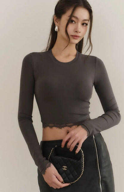 （最後現貨）Modal Lace-Panel Crew Neck Long Sleeve Bra Top<br/>莫代爾拼接蕾絲圓領長袖Bra Top -【XS】