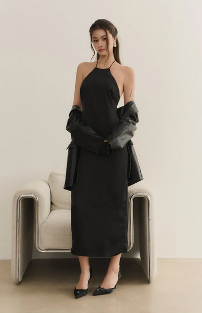Goddess Satin Halter Open-Back Maxi Bra Dress<br/>女神緞面削肩美背長Bra Dress