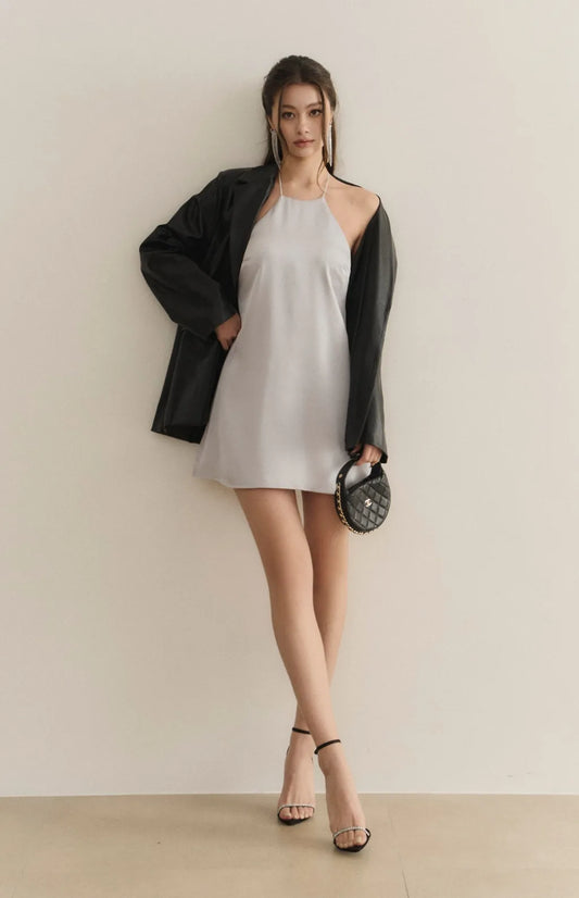 Goddess Satin Halter Open-Back Mini Bra Dress<br/>女神緞面削肩美背短Bra Dress