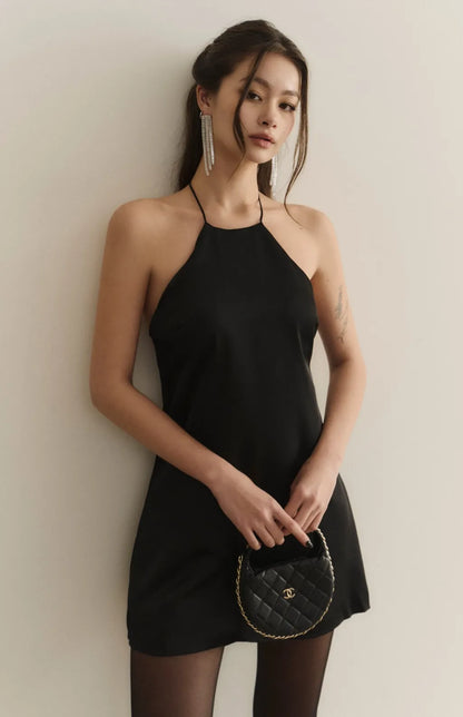 Goddess Satin Halter Open-Back Mini Bra Dress<br/>女神緞面削肩美背短Bra Dress