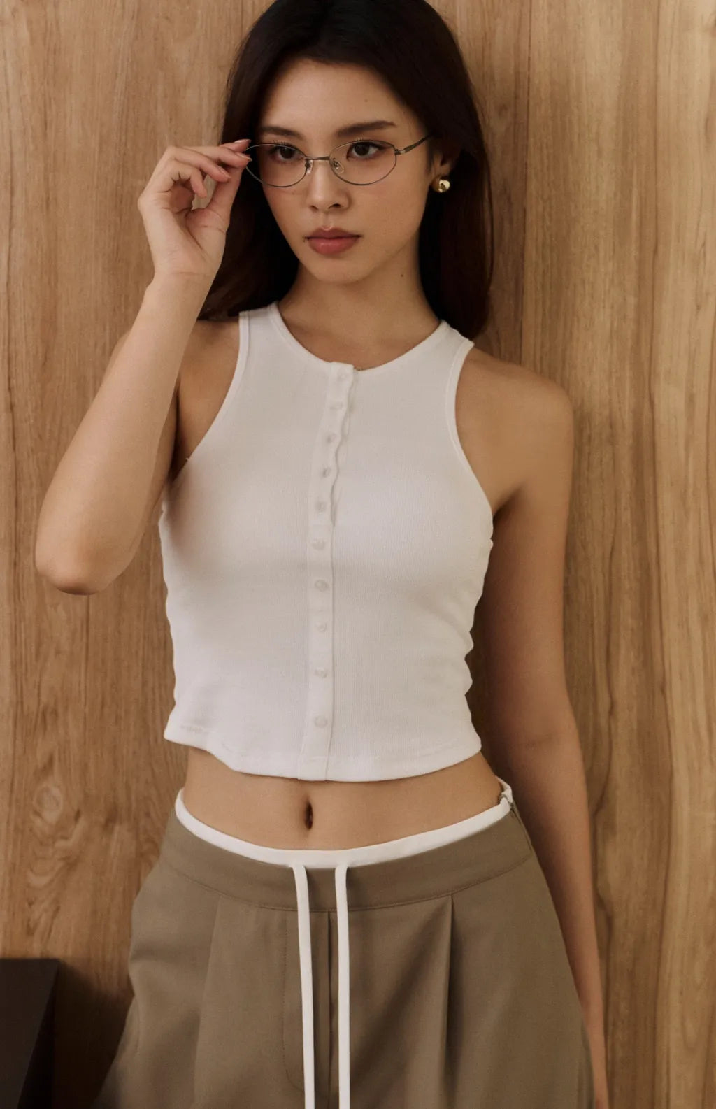 Ribbed Halter Button Bra Top<br/>坑條削肩排釦Bra Top