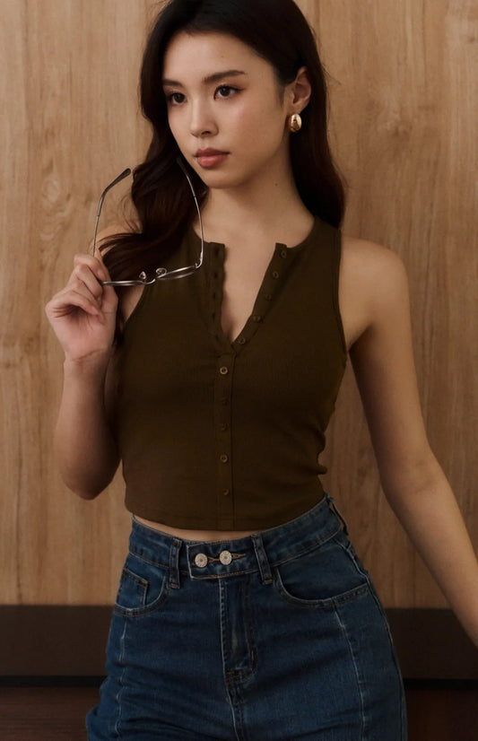 Ribbed Halter Button Bra Top<br/>坑條削肩排釦Bra Top