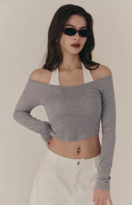 Halter Off-Shoulder Faux-Layer Long Sleeve Bra Top<br/>繞脖一字領假兩件長袖 Bra Top