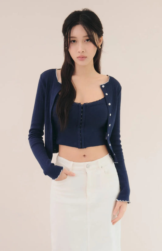 Lace Trim Ribbed Knit Cardigan<br/>針織蕾絲花邊圓領開衫