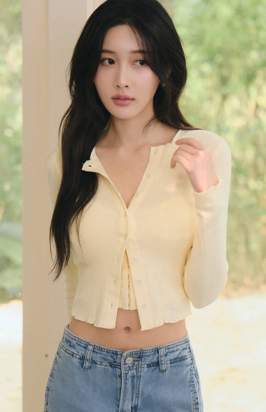 Lace Trim Ribbed Knit Cardigan<br/>針織蕾絲花邊圓領開衫