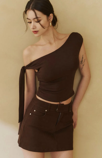One-Shoulder Ruched Knot Tie Bra Top<br/>單肩抓皺褶綁帶Bra Top