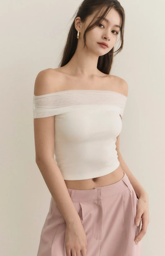 Sheer Gauze Off-Shoulder Bra Top<br/>透膚柔紗一字領Bra Top