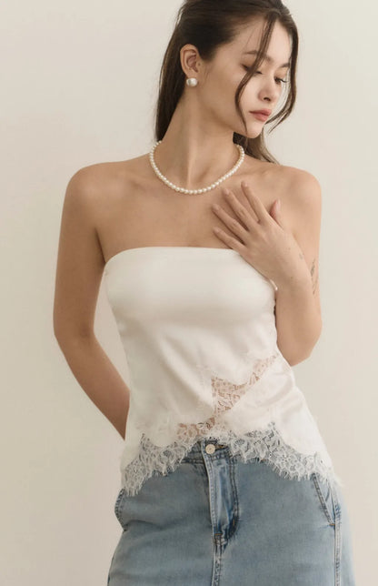Satin Lace Trim Strapless Bra Top<br/>緞面蕾絲鑲邊平口Bra Top