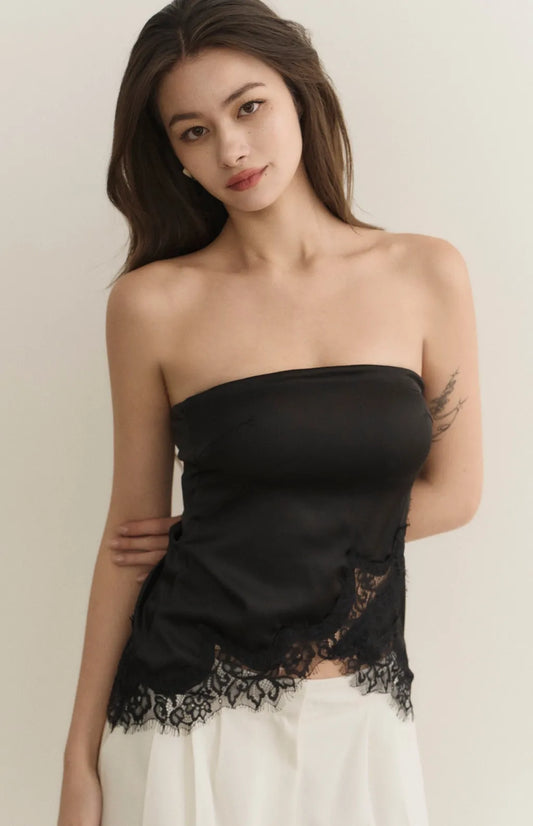 Satin Lace Trim Strapless Bra Top<br/>緞面蕾絲鑲邊平口Bra Top