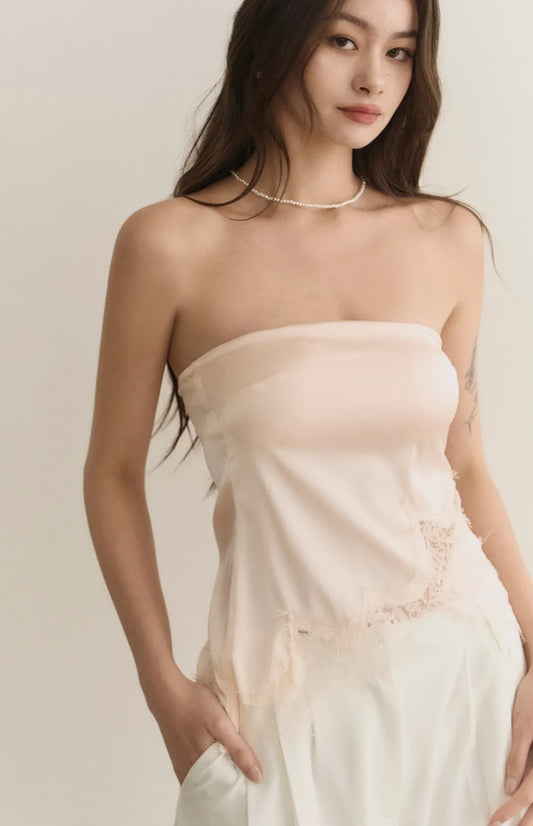 Satin Lace Trim Strapless Bra Top<br/>緞面蕾絲鑲邊平口Bra Top