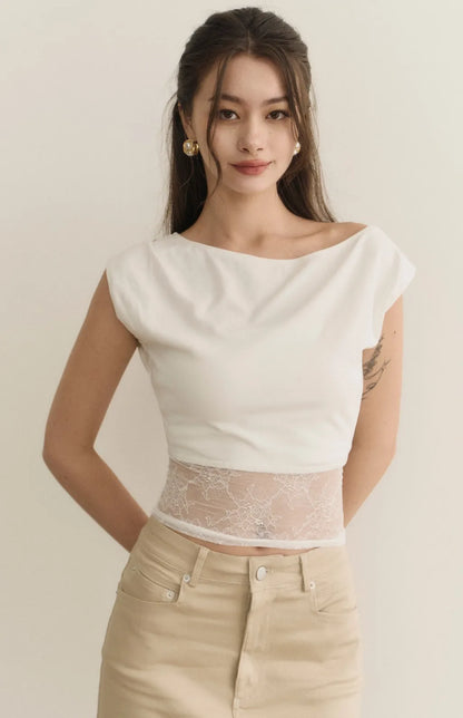 Asymmetric Lace Panel Bra Top<br/>斜領露肩拼接蕾絲Bra Top