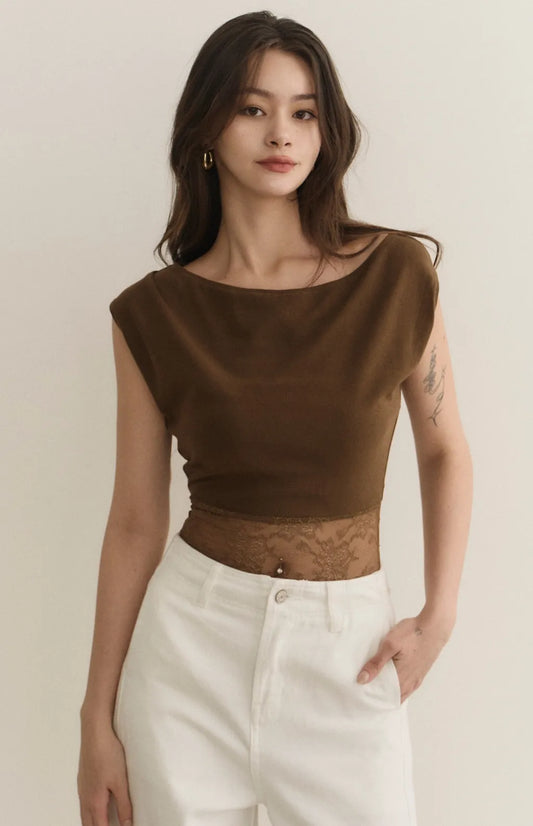 Asymmetric Lace Panel Bra Top<br/>斜領露肩拼接蕾絲Bra Top