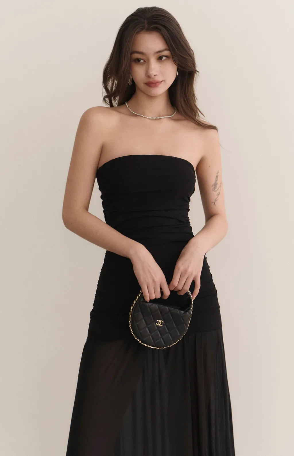 Strapless Ruched Sheer Overlay Bra Dress<br/>歐美平口抓皺收腰Bra Dress