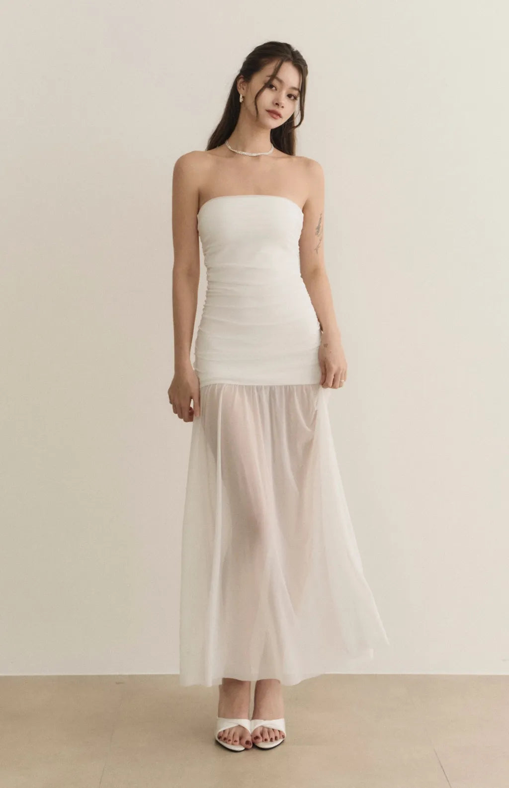 Strapless Ruched Sheer Overlay Bra Dress<br/>歐美平口抓皺收腰Bra Dress