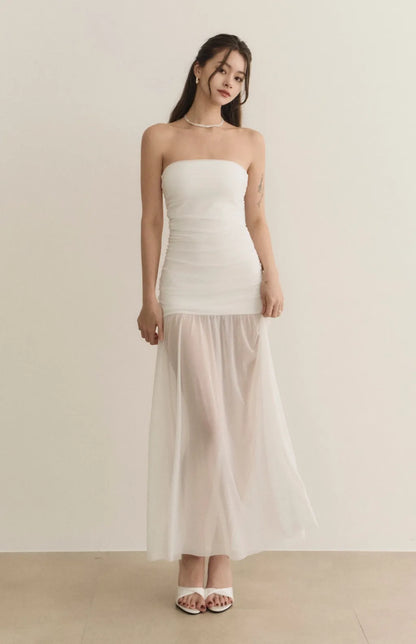 Strapless Ruched Sheer Overlay Bra Dress<br/>歐美平口抓皺收腰Bra Dress