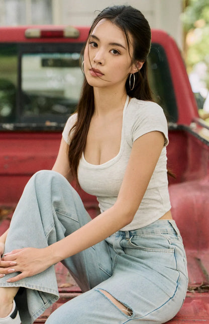 Short Sleeve Faux-Layer Halter Bra Top<br/>繞脖綁帶假兩件撞色短袖Bra Top