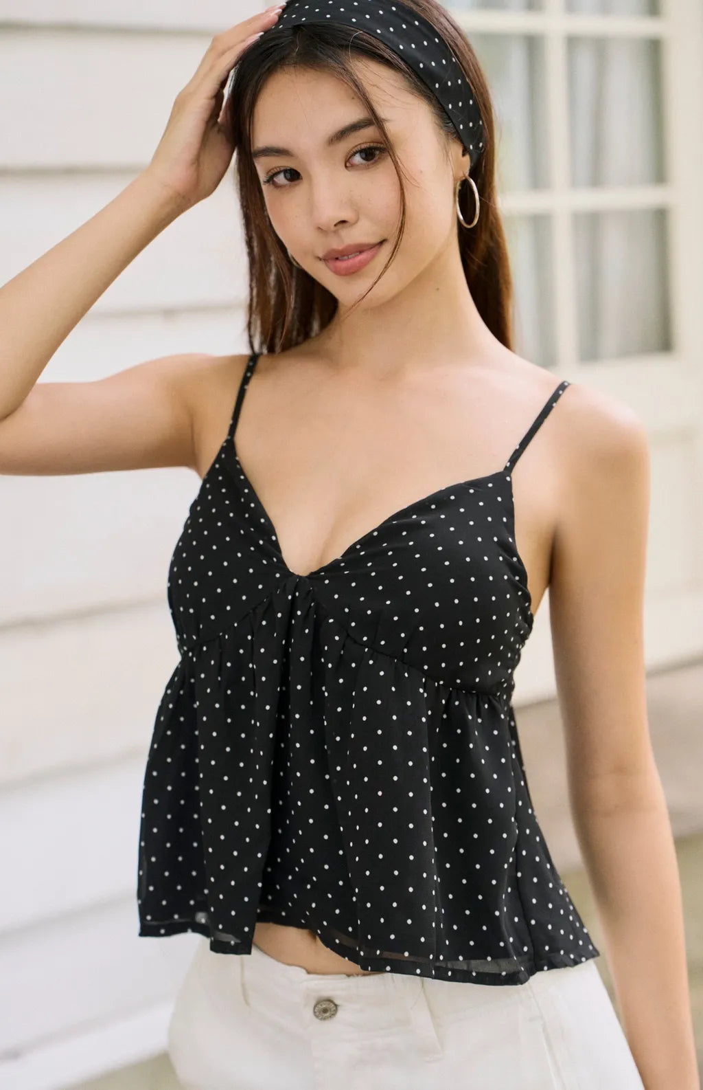 Polka Dot Chiffon Peplum Bra Top with Scarf<br/>美式雪紡點點細肩傘擺Bra Top(附領巾)
