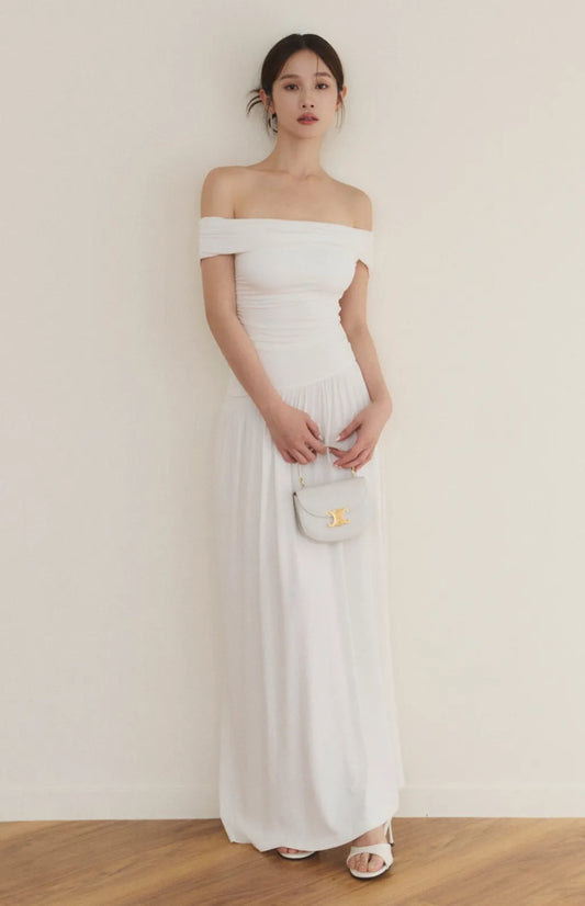 Off-Shoulder Ruched Maxi Bra Dress<br/>法式平肩抓皺修身Bra Dress