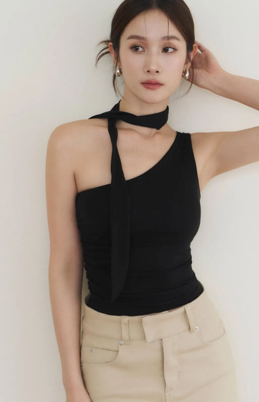 (現貨) One-Shoulder Ruched Bra Top with Scarf<br/>單肩繞脖抓皺Bra Top(附領巾)