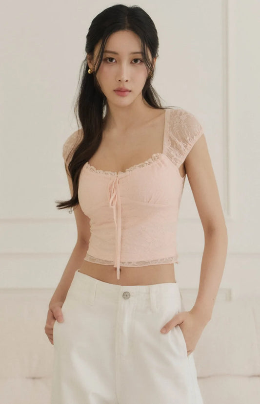 Sheer Lace Tie-Front Square-Neck Bra Top<br/>蕾絲抽繩方領透膚Bra Top