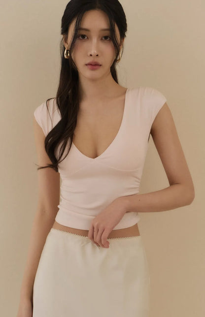Tencel Plunge Cap-Sleeve Bra Top<br/>天絲裸感V領包袖Bra Top