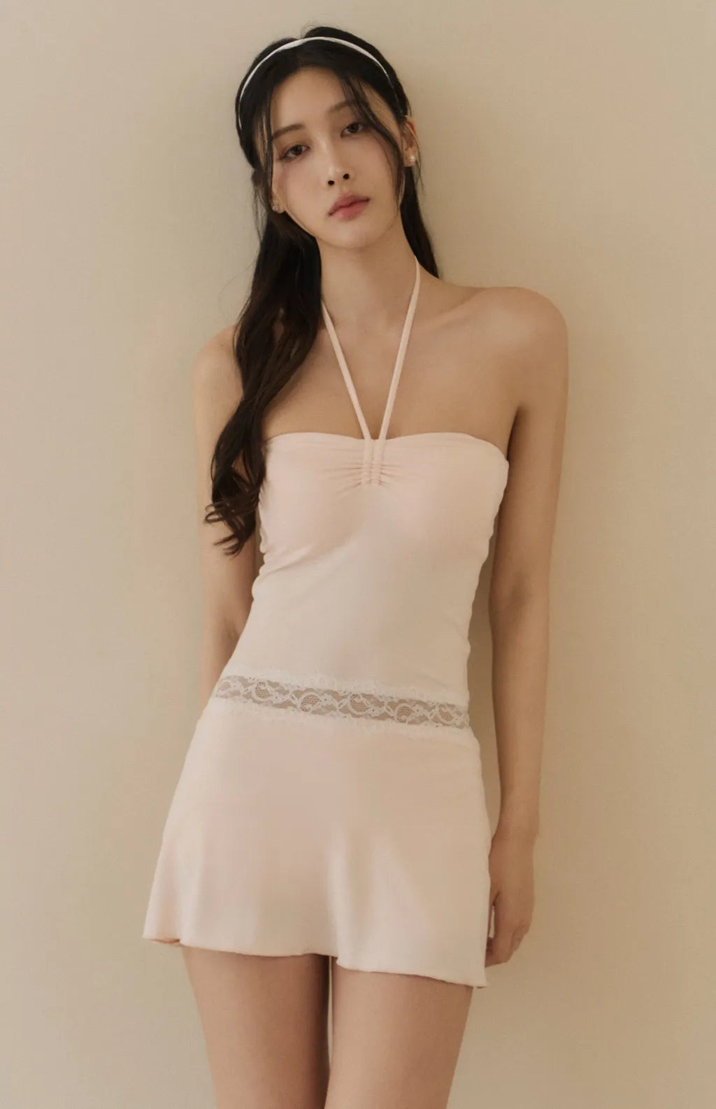 Lace-Inset Halter Mini Bra Dress<br/>蕾絲抽皺綁帶Bra Dress