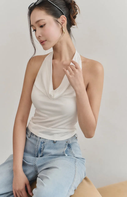 Satin Cowl-Neck Halter Bra Top<br/>法式緞光垂領削肩Bra Top