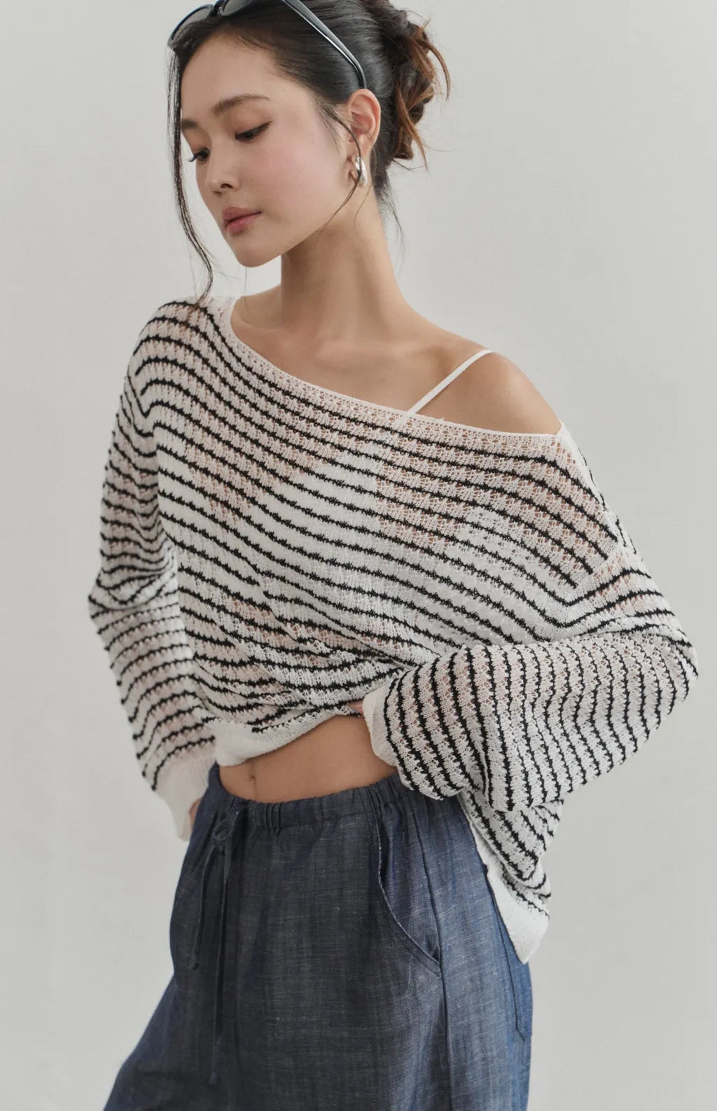 Sheer Striped Open-Knit Sweater<br/>透膚條紋鏤空罩衫