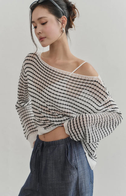 Sheer Striped Open-Knit Sweater<br/>透膚條紋鏤空罩衫
