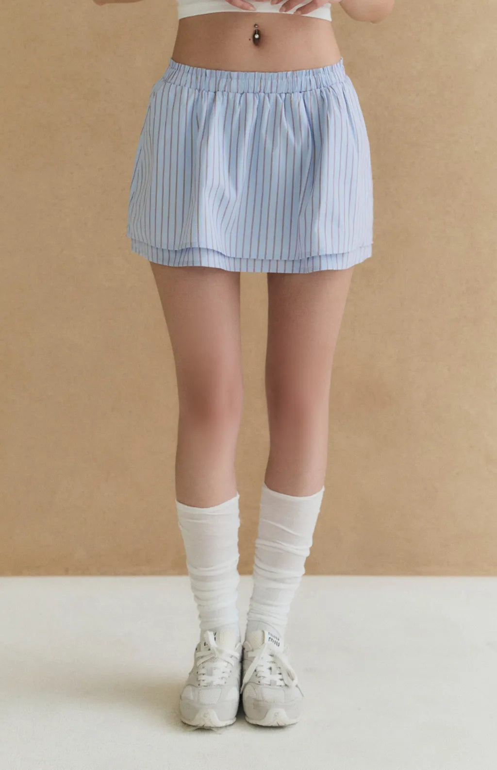 Striped Double-Layer Paperbag Skort<br/>美式條紋雙層花苞褲裙